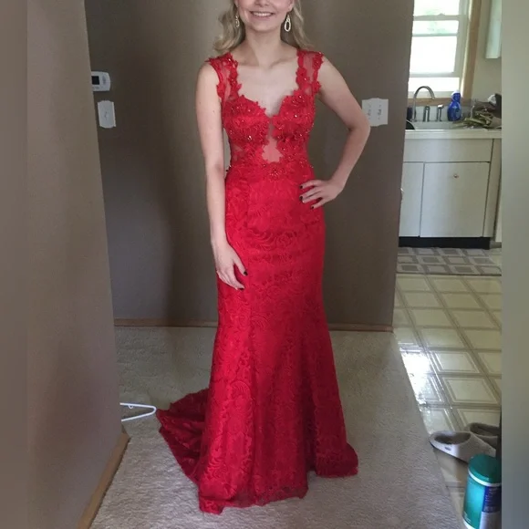 fitted lace wedding dress Sequined Strapless A Line Red Homecoming Dress with Bow Pd566 US0 / Custom Color main image 1